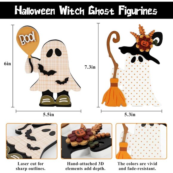 Halloween Decorations Indoor, 2 Pack Cute Wooden Halloween , Witchy Ghost with B - Picture 3 of 9
